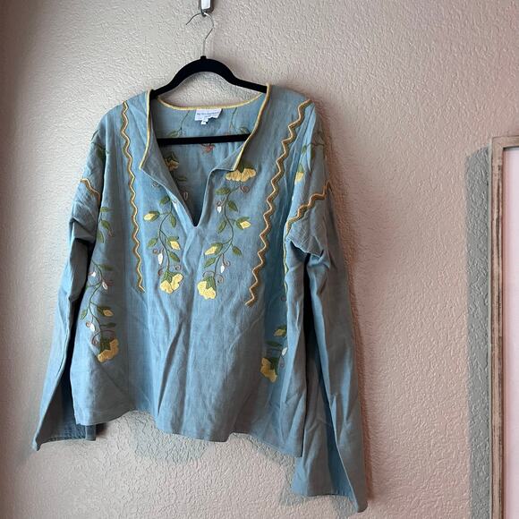 Mi Golondrina Mexico Embroidered Blue Yellow Floral Blouse Huipil Medium - Picture 3 of 8